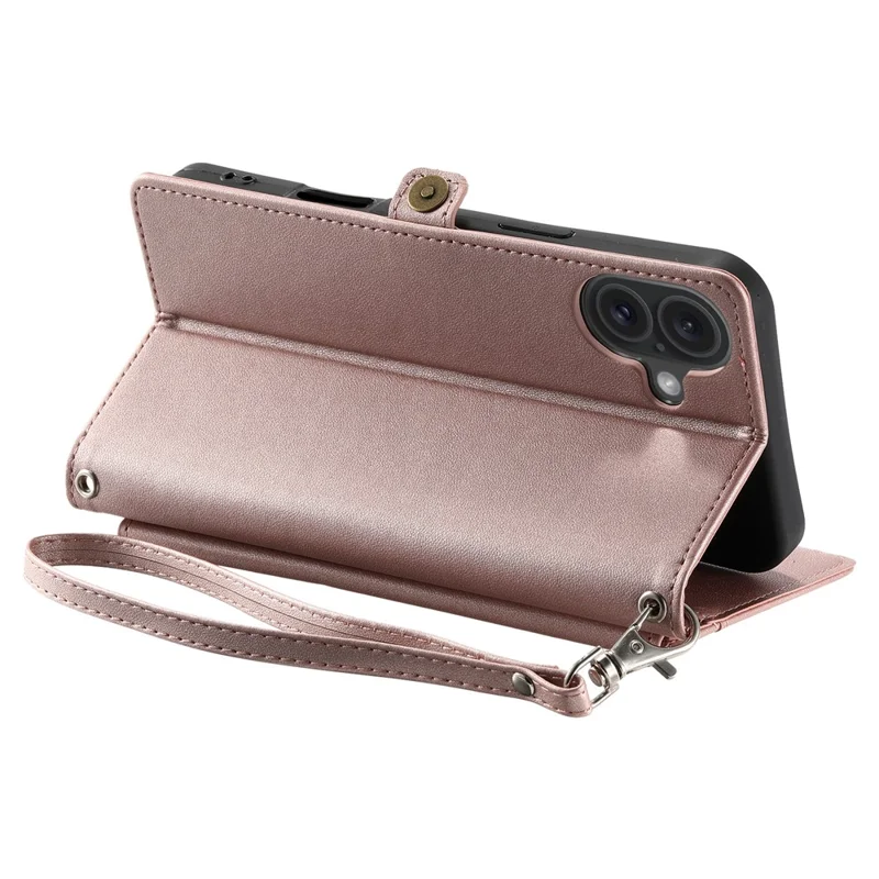 For iPhone 16 Plus Leather Case with Wrist Strap Wallet Stand Phone Cover - Rose Gold