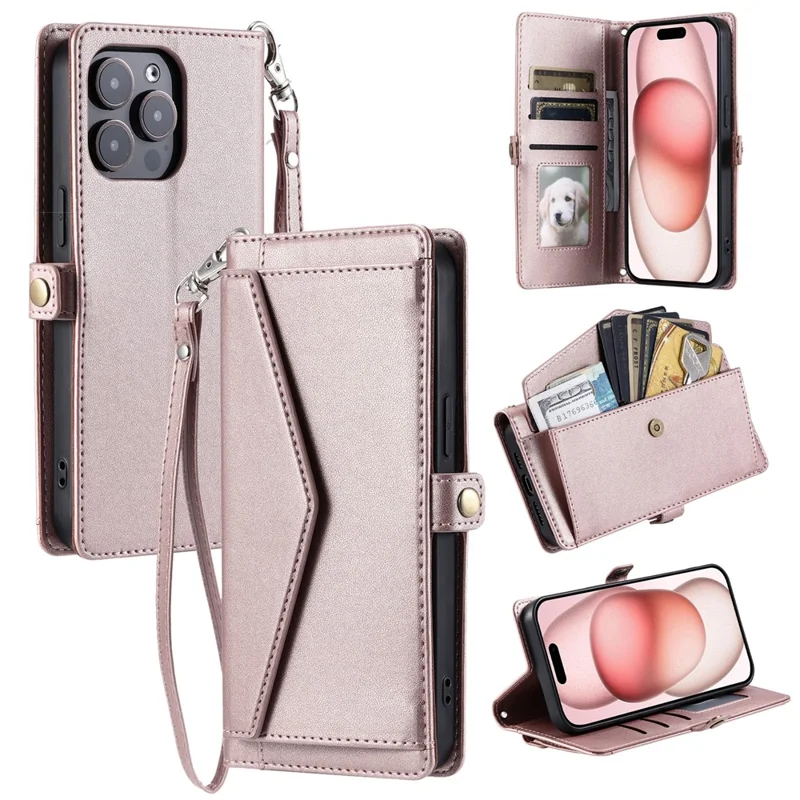 Per Iphone 16 Pro Max Leather Case Con Copertina Per il Telefono Per Portafoglio Cinturino da Polso - Oro Rosa