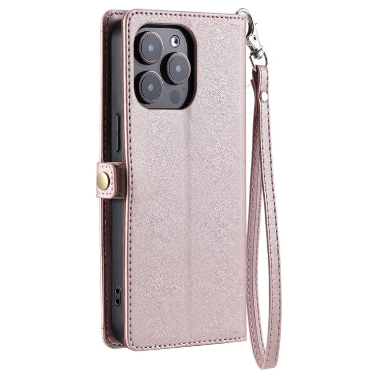 Für Das Iphone 16 Pro Leather Hülle Mit Handgelenkband Brieftasche Telefonabdeckung - Roségold