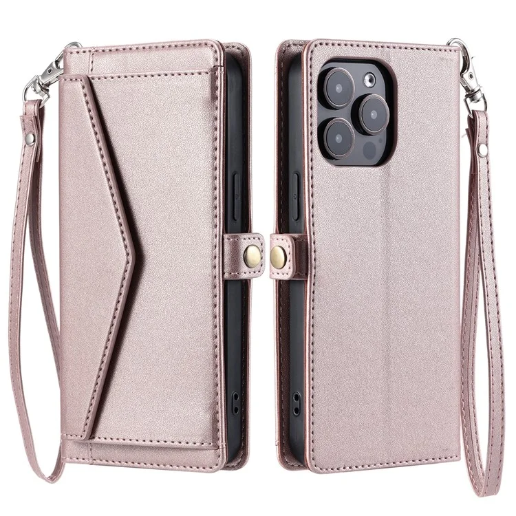Für Das Iphone 16 Pro Leather Hülle Mit Handgelenkband Brieftasche Telefonabdeckung - Roségold