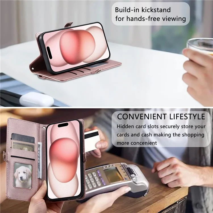 Für Das Iphone 16 Pro Leather Hülle Mit Handgelenkband Brieftasche Telefonabdeckung - Roségold