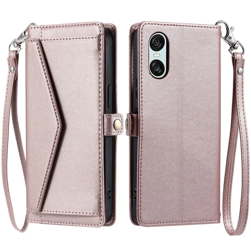 For Sony Xperia 10 VI Leather Case with Wrist Strap Wallet Stand Phone Cover - Rose Gold