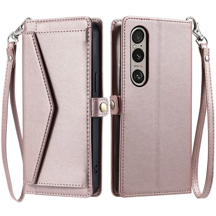 For Sony Xperia 1 VI Leather Case with Wrist Strap Wallet Stand Phone Cover - Rose Gold
