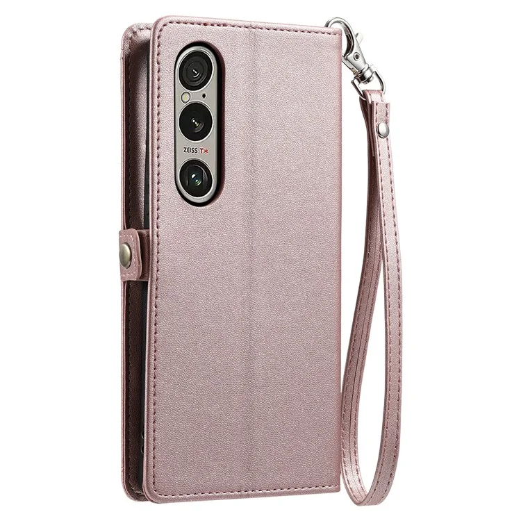 For Sony Xperia 1 VI Leather Case with Wrist Strap Wallet Stand Phone Cover - Rose Gold