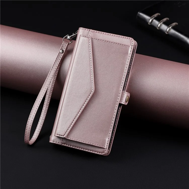 For Sony Xperia 1 VI Leather Case with Wrist Strap Wallet Stand Phone Cover - Rose Gold