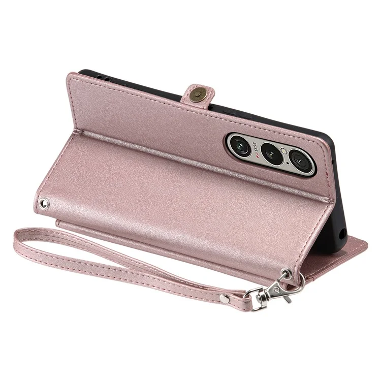 For Sony Xperia 1 VI Leather Case with Wrist Strap Wallet Stand Phone Cover - Rose Gold