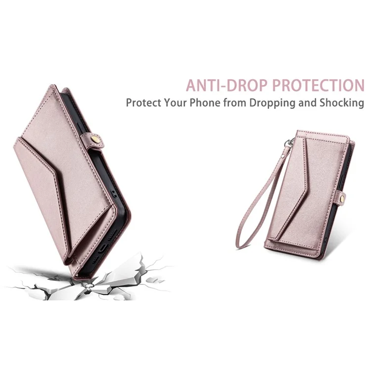 For Sony Xperia 1 VI Leather Case with Wrist Strap Wallet Stand Phone Cover - Rose Gold