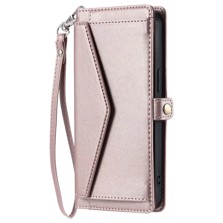 For Sony Xperia 1 VI Leather Case with Wrist Strap Wallet Stand Phone Cover - Rose Gold