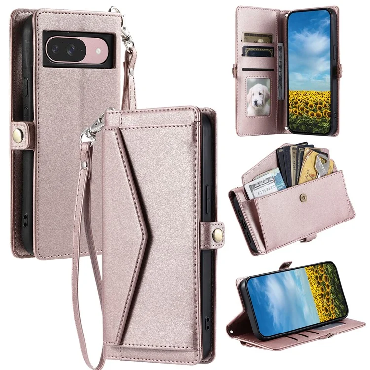 For Google Pixel 9 Pro  /  Pixel 9 Leather Case with Wrist Strap Wallet Stand Phone Cover - Rose Gold
