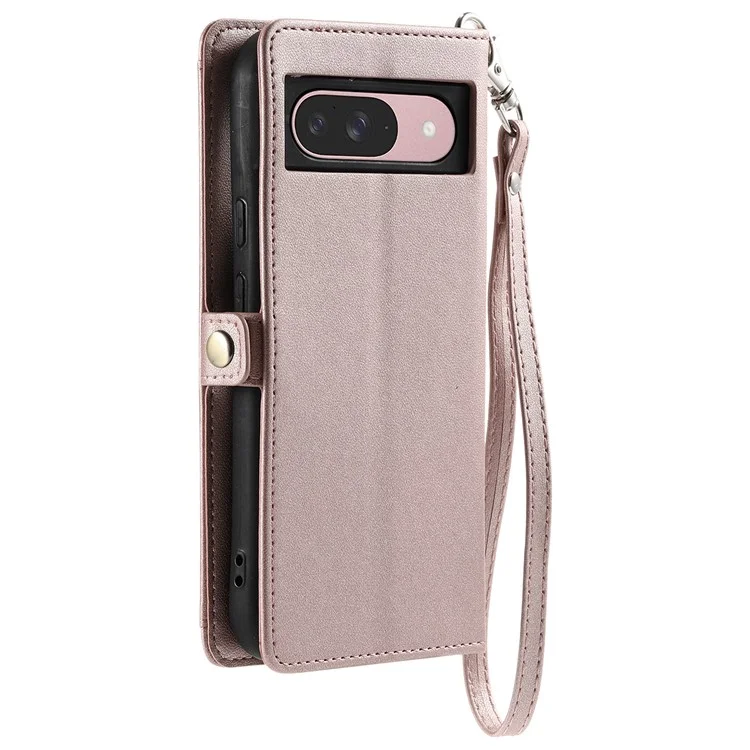 For Google Pixel 9 Pro  /  Pixel 9 Leather Case with Wrist Strap Wallet Stand Phone Cover - Rose Gold