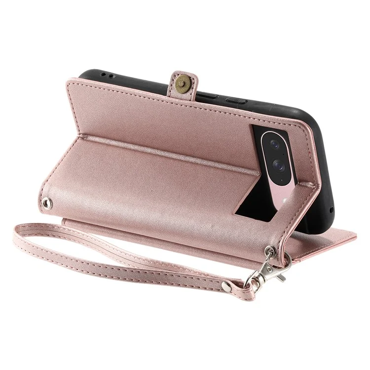 For Google Pixel 9 Pro  /  Pixel 9 Leather Case with Wrist Strap Wallet Stand Phone Cover - Rose Gold