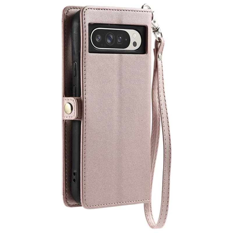 Para o Google Pixel 9 Pro XL Leather Case Com Pulseira de Pulseira Stand Stand Phone - Rose Gold