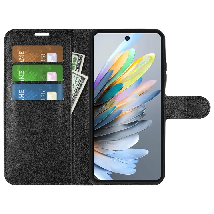 For ZTE Blade A75 4G Case Litchi Texture Shockproof Leather Wallet Phone Cover - Black