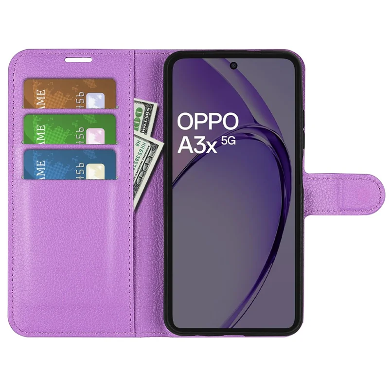 For Oppo A3x 5G / A3x 4G / A3 5G / A3 4G / A60 5G / A40 4G Case Litchi Texture Shockproof Leather Wallet Phone Cover - Purple