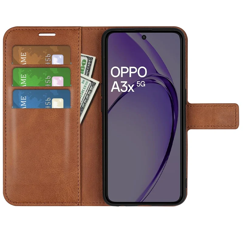 For Oppo A3x 5G / A3x 4G / A3 5G / A3 4G / A60 5G / A40 4G Stand Case Anti-Scratch Calf Texture Leather Phone Cover - Light Brown