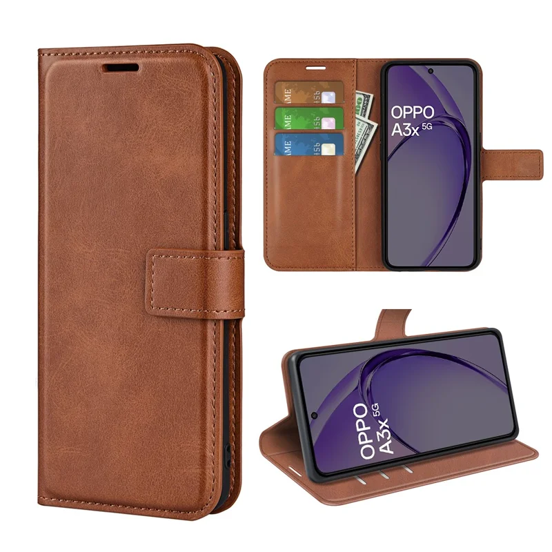 For Oppo A3x 5G / A3x 4G / A3 5G / A3 4G / A60 5G / A40 4G Stand Case Anti-Scratch Calf Texture Leather Phone Cover - Light Brown