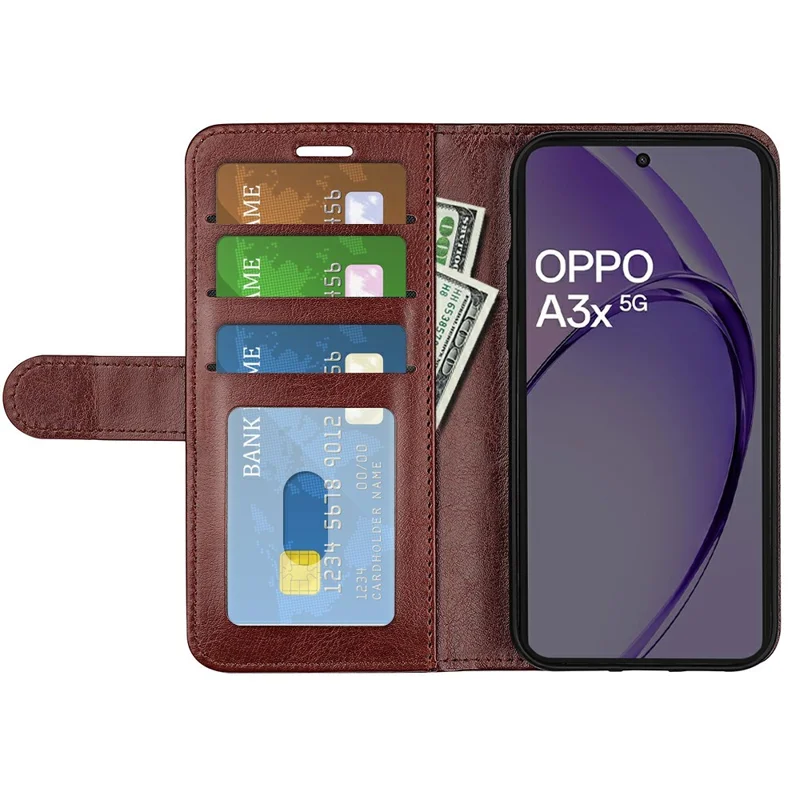 For Oppo A3x 5G / A3x 4G / A3 5G / A3 4G / A60 5G / A40 4G Wallet Case Crazy Horse Texture Stand Leather Phone Cover - Brown