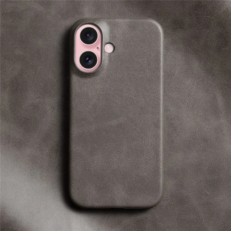 For iPhone 16 Case Calf Texture PU Leather Hard PC Protective Phone Cover - Grey