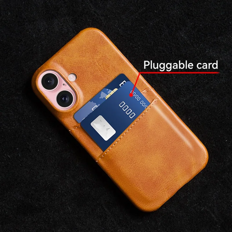 For iPhone 16 Plus Case Dual Card Slots PU Leather + Hard PC Phone Cover - Orange