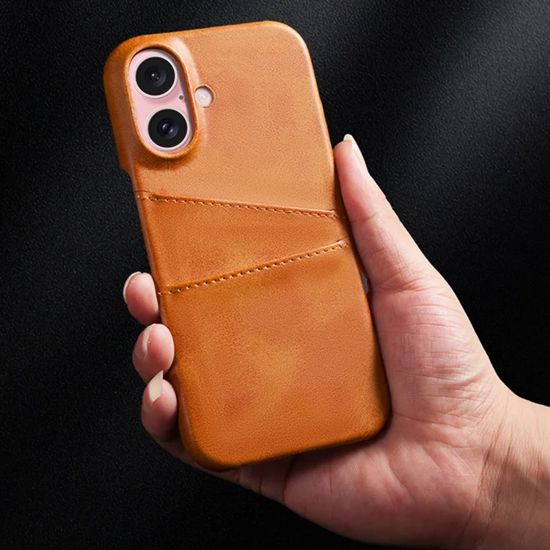 For iPhone 16 Plus Case Dual Card Slots PU Leather + Hard PC Phone Cover - Orange