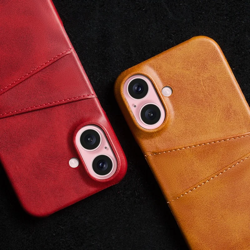 For iPhone 16 Plus Case Dual Card Slots PU Leather + Hard PC Phone Cover - Orange