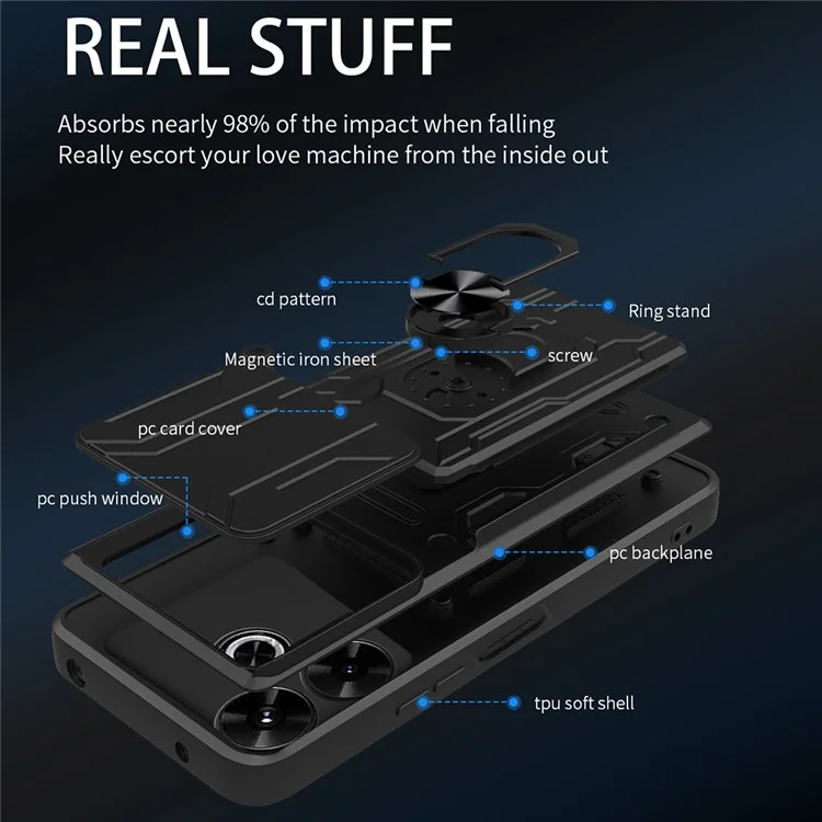 Para Xiaomi Redmi 13 4G / 5G Case PC+TPU Kickstand Phone Back Cover com Camera Slider - Preto