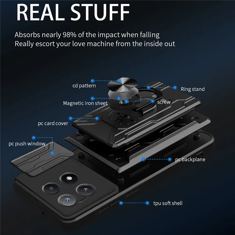 Para Xiaomi Redmi K70E 5G / Poco X6 Pro 5G Case PC+TPU Pele de Kickstand Cubierta Trasera Con Control Deslizante de la Cámara - Negro