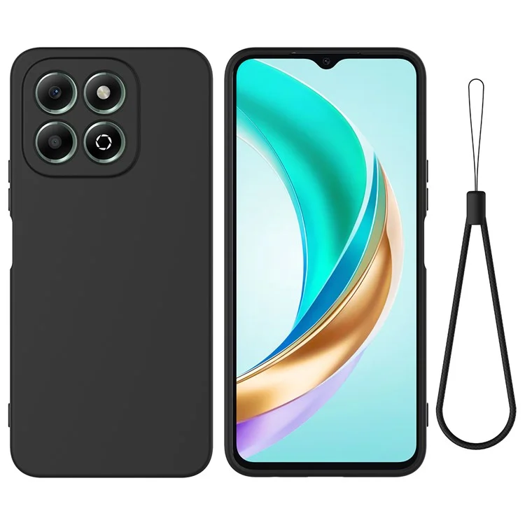 For Honor X6b 4G Case Anti-Drop Liquid Silicone Phone Cover with Strap - Black