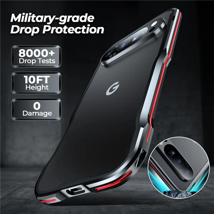 LUPHIE For Google Pixel 9 / 9 Pro Case Metal Bumper Frame Shockproof Phone Cover - Black  /  Red