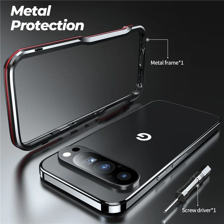 LUPHIE For Google Pixel 9 / 9 Pro Case Metal Bumper Frame Shockproof Phone Cover - Black  /  Red