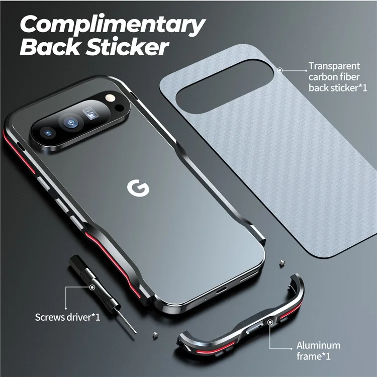 LUPHIE For Google Pixel 9 / 9 Pro Case Metal Bumper Frame Shockproof Phone Cover - Black  /  Red