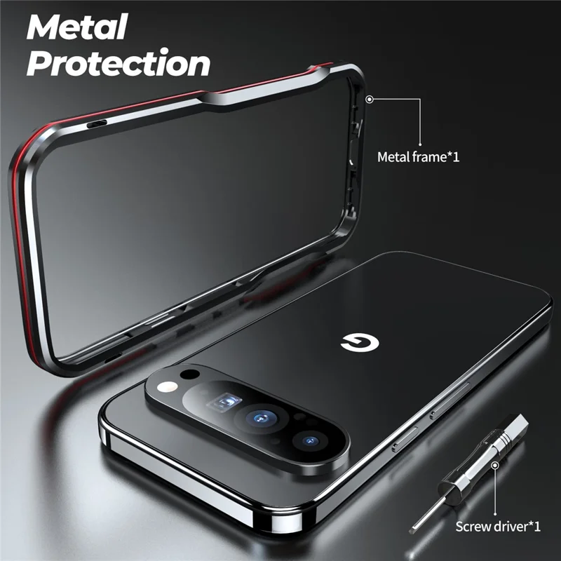 LUPHIE For Google Pixel 9 / 9 Pro Case Metal Bumper Frame Shockproof Phone Cover - Black