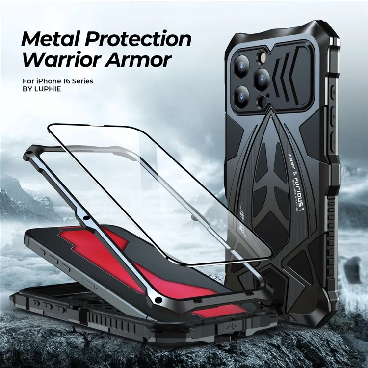 Luphie Для Iphone 16 Pro Max Case Case Design Design Shock -resean Metal+TPU Phone Cover с Экраном - Черный