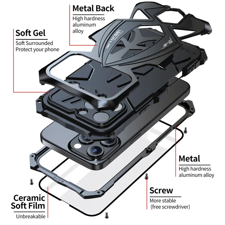 Luphie Для Iphone 16 Pro Max Case Case Design Design Shock -resean Metal+TPU Phone Cover с Экраном - Черный