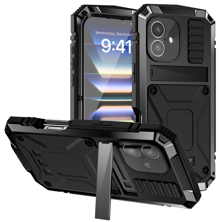 R-JUST Para iPhone 16 Funda de PC+Silicona+Metal Soporte de Teléfono con Película de Vidrio Templado - Negro