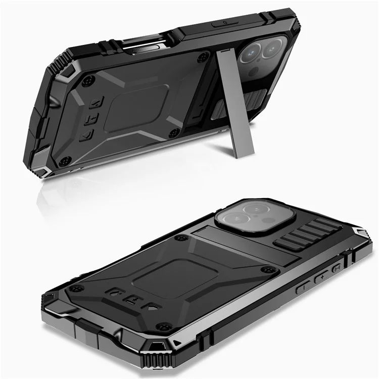 R-JUST Para iPhone 16 Funda de PC+Silicona+Metal Soporte de Teléfono con Película de Vidrio Templado - Negro