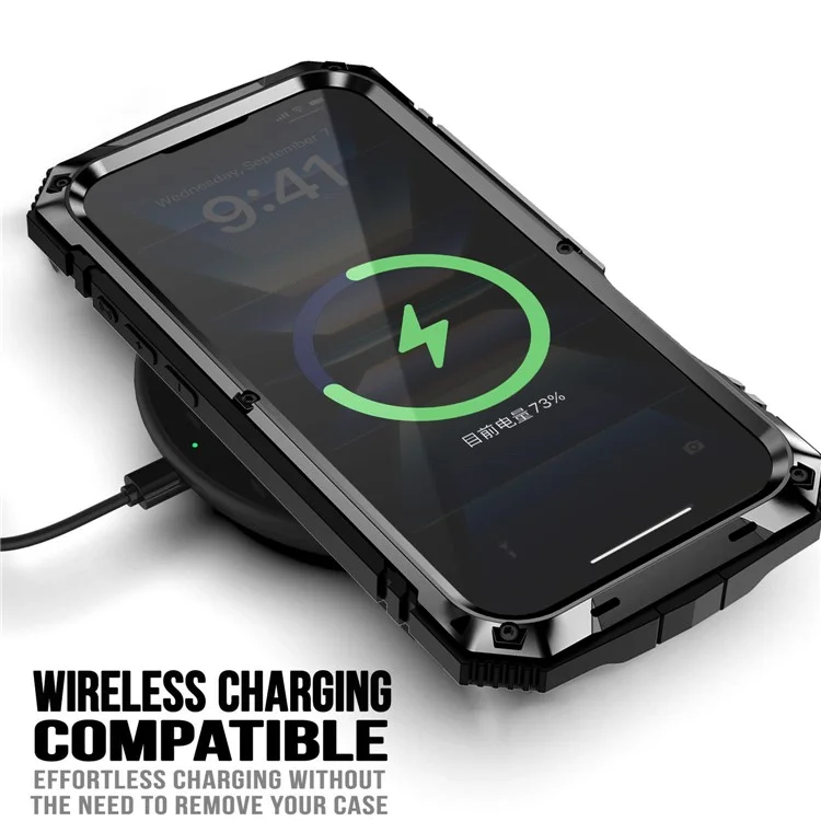 R-JUST Para iPhone 16 Funda de PC+Silicona+Metal Soporte de Teléfono con Película de Vidrio Templado - Negro