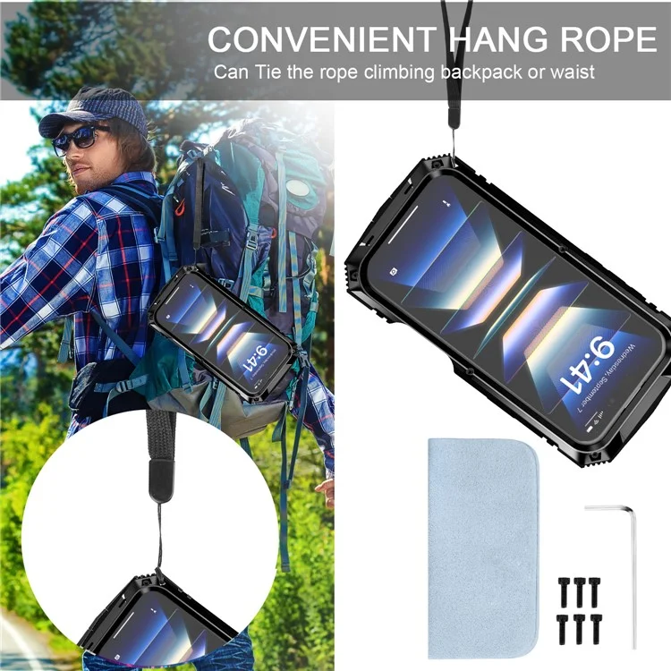 R-JUST Para iPhone 16 Funda de PC+Silicona+Metal Soporte de Teléfono con Película de Vidrio Templado - Negro