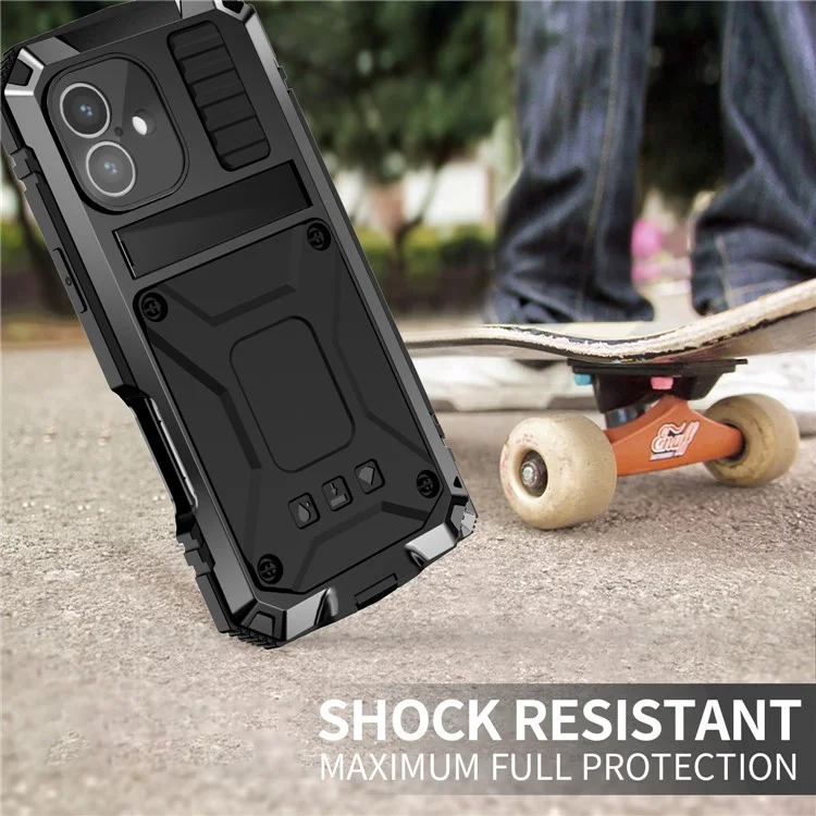 R-JUST Para iPhone 16 Funda de PC+Silicona+Metal Soporte de Teléfono con Película de Vidrio Templado - Negro