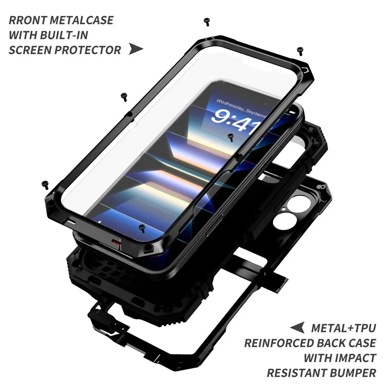 R-JUST Para iPhone 16 Funda de PC+Silicona+Metal Soporte de Teléfono con Película de Vidrio Templado - Negro