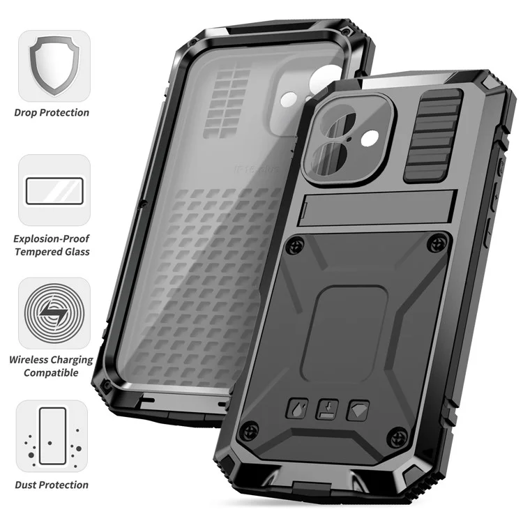 R-JUST Para iPhone 16 Funda de PC+Silicona+Metal Soporte de Teléfono con Película de Vidrio Templado - Negro