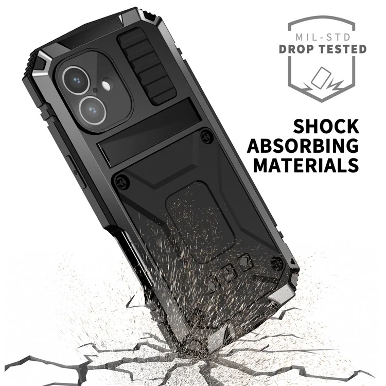 R-just Für Iphone 16 Plus Case Pc+silicone+metall-kickstand-telefonabdeckung Mit Temperamentvollem Glasfilm - Schwarz
