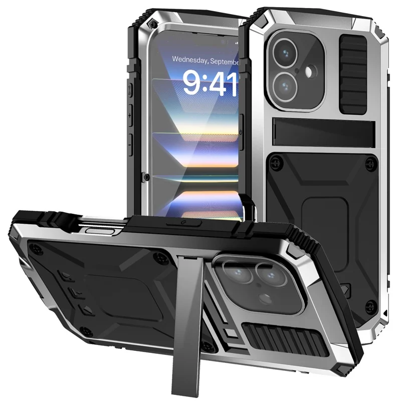 R-JUST For iPhone 16 Plus Case PC+Silicone+Metal Kickstand Phone Cover with Tempered Glass Film - Silver