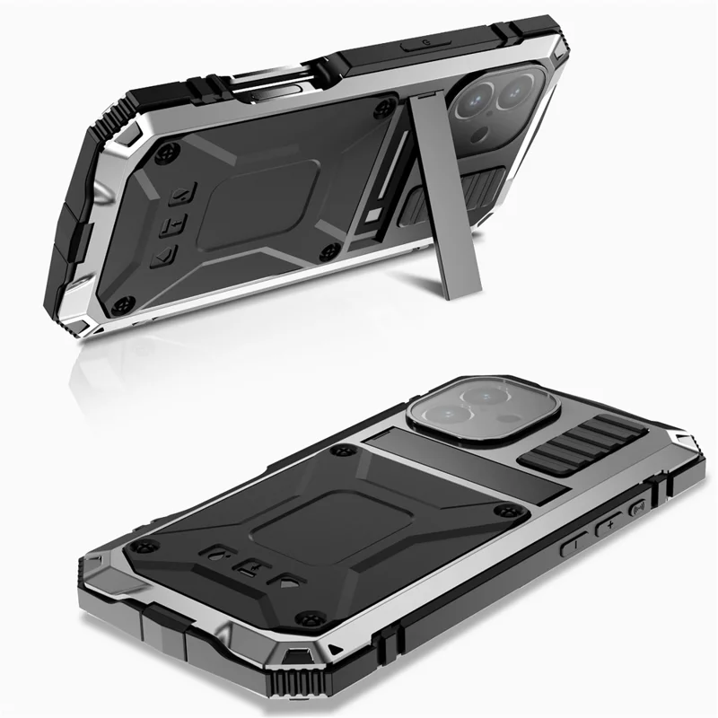 R-JUST For iPhone 16 Plus Case PC+Silicone+Metal Kickstand Phone Cover with Tempered Glass Film - Silver