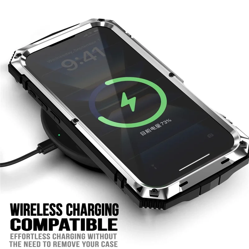 R-JUST For iPhone 16 Plus Case PC+Silicone+Metal Kickstand Phone Cover with Tempered Glass Film - Silver