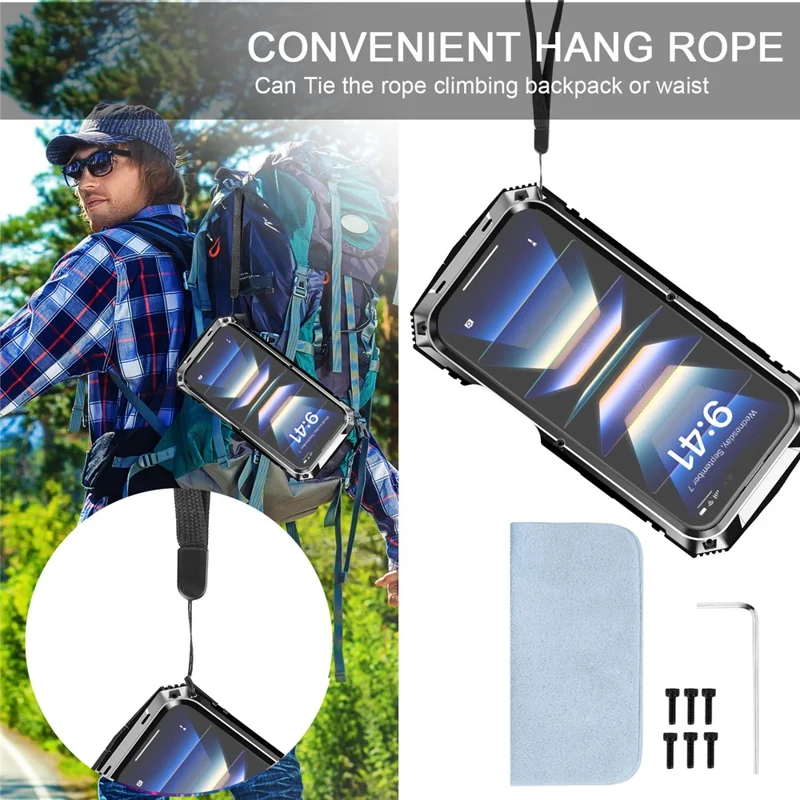 R-JUST For iPhone 16 Plus Case PC+Silicone+Metal Kickstand Phone Cover with Tempered Glass Film - Silver