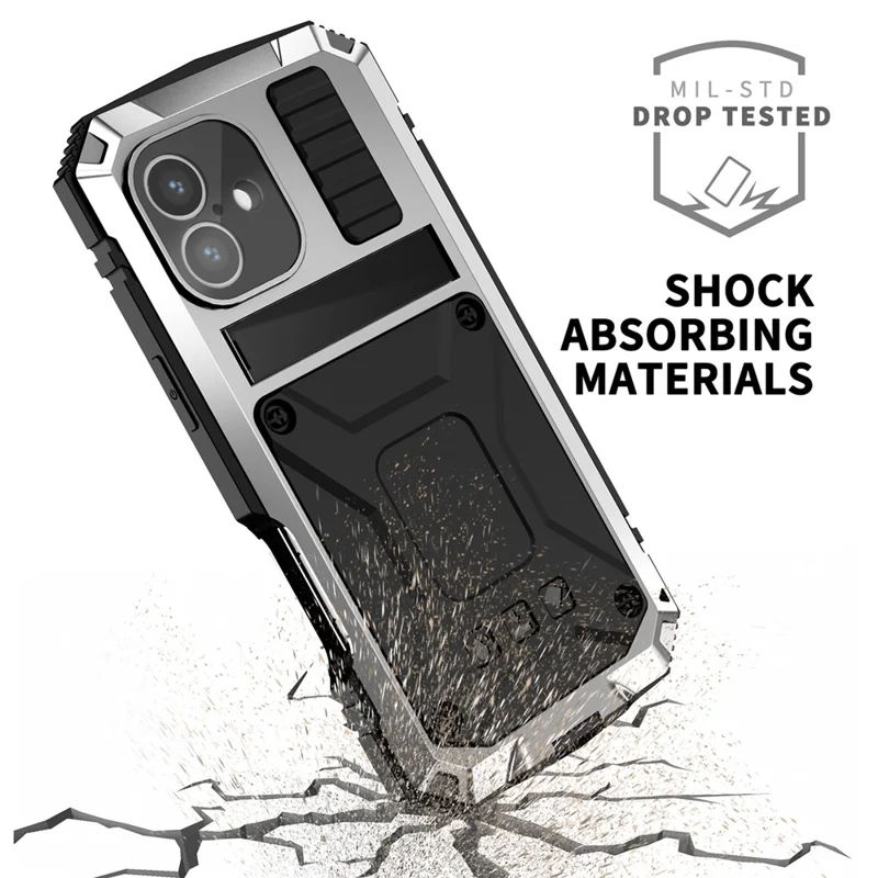 R-JUST For iPhone 16 Plus Case PC+Silicone+Metal Kickstand Phone Cover with Tempered Glass Film - Silver