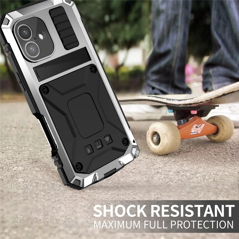 R-JUST For iPhone 16 Plus Case PC+Silicone+Metal Kickstand Phone Cover with Tempered Glass Film - Silver