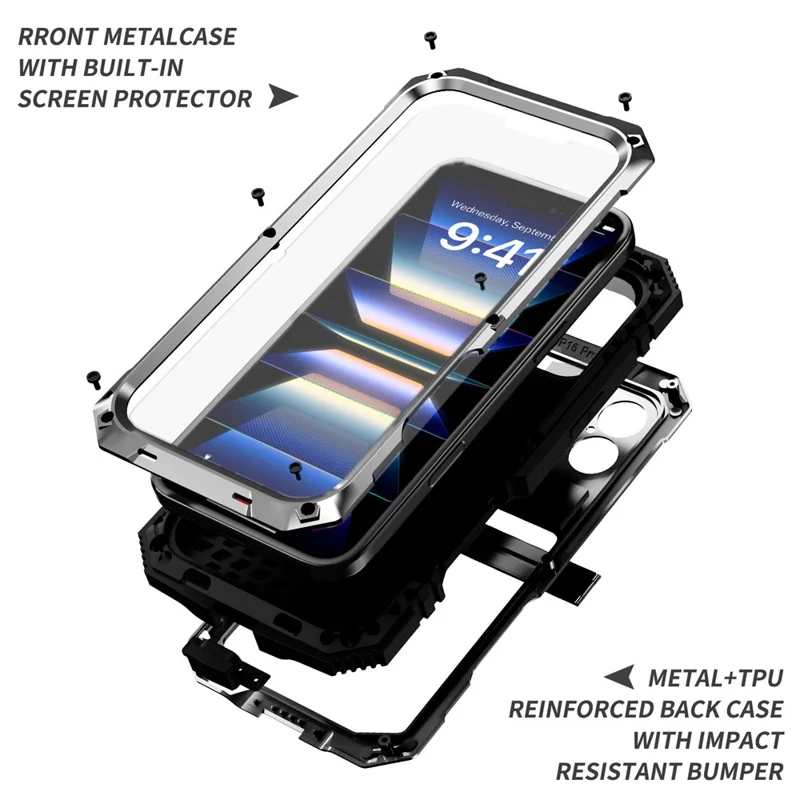 R-JUST For iPhone 16 Plus Case PC+Silicone+Metal Kickstand Phone Cover with Tempered Glass Film - Silver