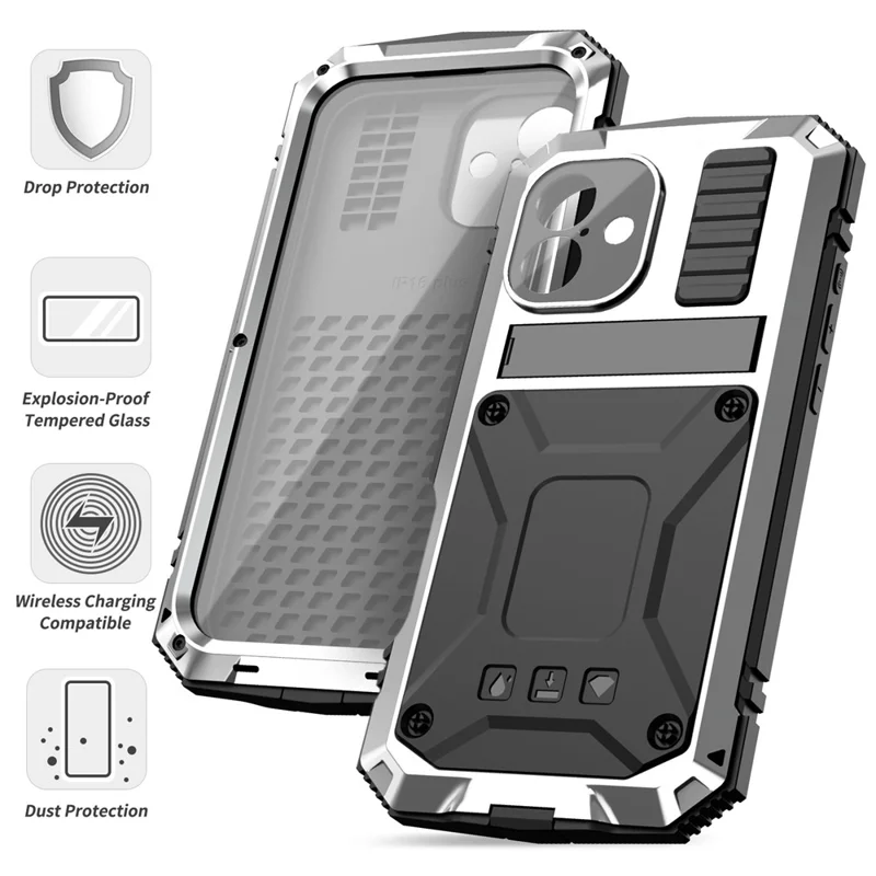 R-JUST For iPhone 16 Plus Case PC+Silicone+Metal Kickstand Phone Cover with Tempered Glass Film - Silver